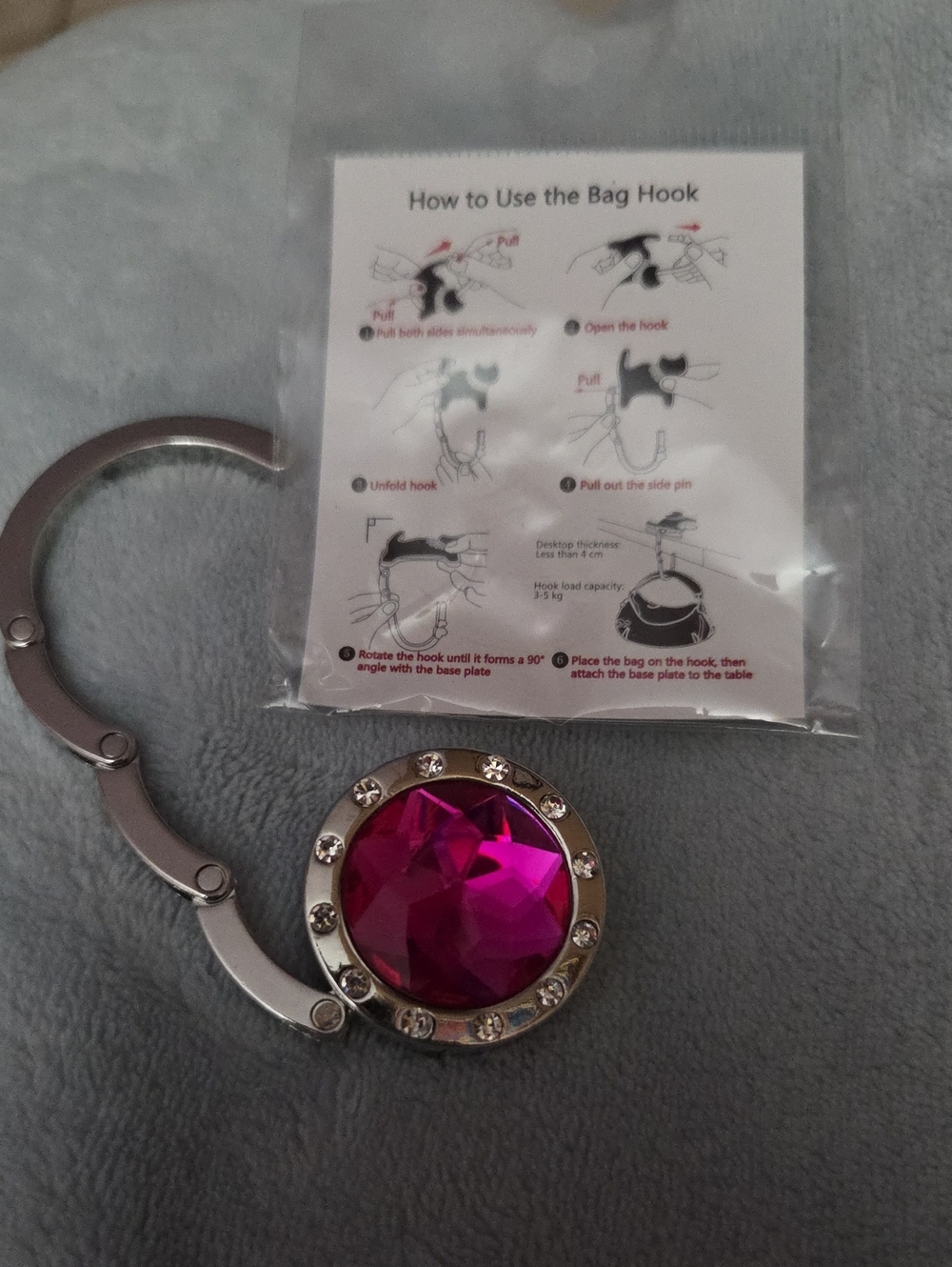 Foldable Handbag Hook Crystal Accent Pink NWOT